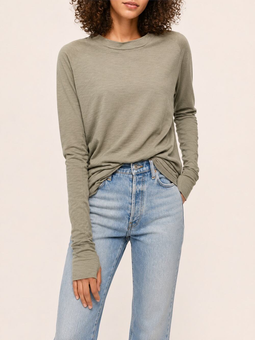 We The Free Arden Round Neck Casual Long Sleeve T-Shirt Green XS
